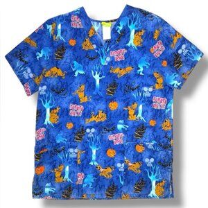 Scooby-Doo Halloween Scrub Top V Neck Pockets Short Sleeve Blue Women Medium